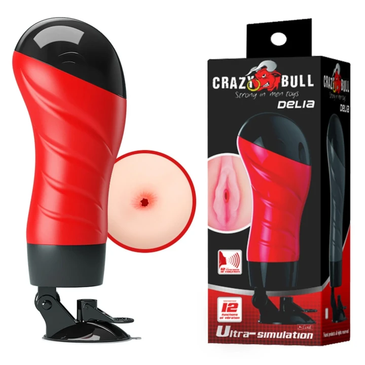 Męski masturbator CRAZY BULL - Delia, 12 funkcji wibracyjnych, przyssawka, TPR
