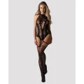 Bodystocking OBSESSIVE F240 - czarny, roślinny motyw, elastyczny materiał 90% nylon