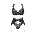 Bielizna koronkowa OBSESSIVE Donna Dream 3-częściowa M/L, czarna, z pasem do pończoch