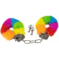 Kajdanki bondage – Power Escorts BR206 – tęczowe futerko, regulowany rozmiar, metalowa konstrukcja
