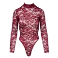 Body COTTELLI LINGERIE z koronką, bordowe, długie rękawy, wysoki krój nóg
