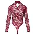 Body COTTELLI LINGERIE, koronkowe, bordowe, długie rękawy, krój thong