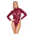 Body Cottelli LINGERIE, koronkowe, bordowe, długi rękaw, eleganckie i zmysłowe