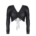 Bluzka ekoskórzana DEMONIQ, czarna, efektowny dekolt, długie rękawy, regulowany fason