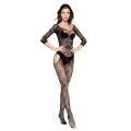 Bodystocking SOFTLINE COLLECTION, czarny, kwiatowy wzór, otwarte plecy, elastyczny materiał