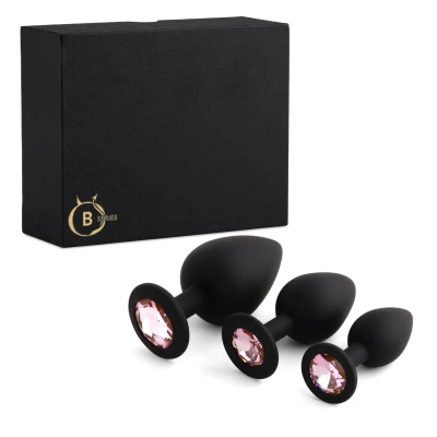 Korek analny – Zestaw Jewellery Silicone PLUG Black, silikon, 3 rozmiary, kryształ rose