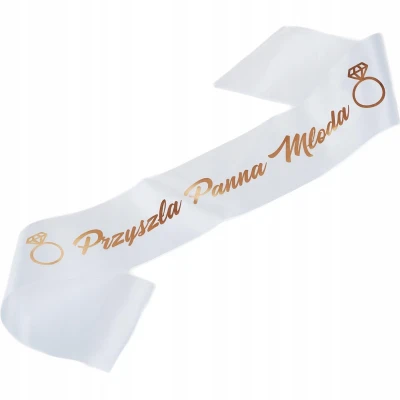 Szarfa na wieczór panieński, biały kolor, napis rose gold "Przyszła Panna Młoda"