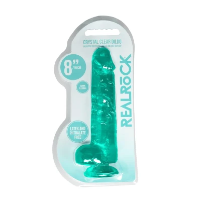 Dildo REALROCK CRYSTAL CLEAR 21 cm, realistyczne jądra, przyssawka, bez ftalanów
