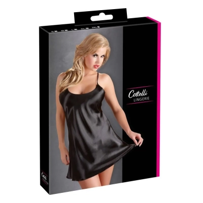 Negliż Satynowy COTTELLI LINGERIE Czarny, Regulowane Ramiączka, Głęboki Dekolt