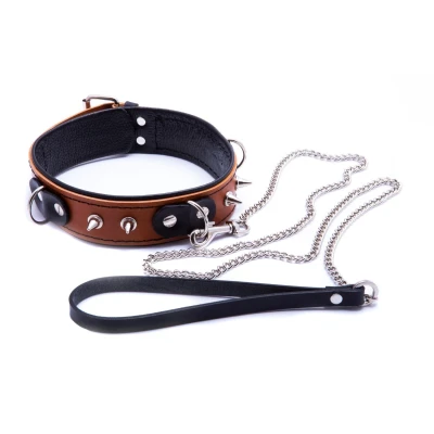 Obroża skórzana WHIPS z ćwiekami, 42-50 cm, długość smyczy 120 cm, koniakowa