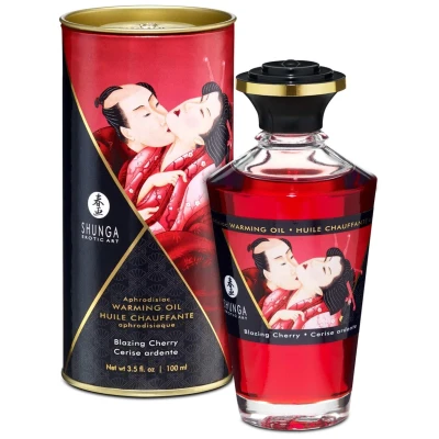 Olej Warming - Shunga Blazing Cherry, 100 ml, aromat wiśni, efekt rozgrzewający