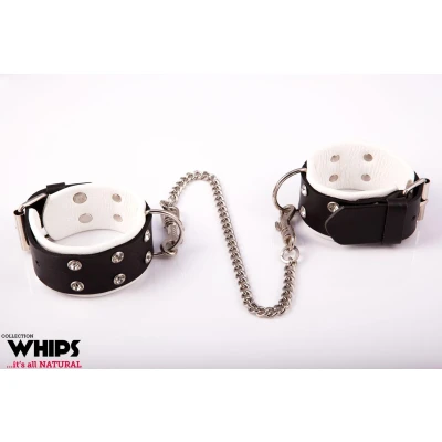 Kajdanki - Skórzane na nogi, regulowane, biało-czarne, wykonane z naturalnej skóry