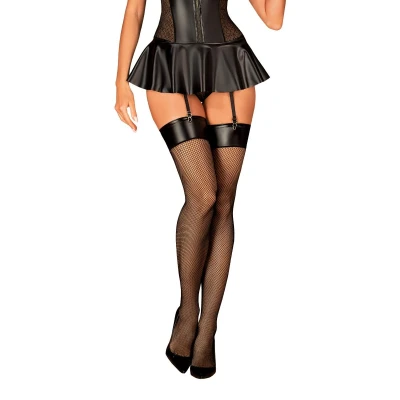Pończochy kabaretowe OBSESSIVE Darkessia L/XL, skórzany pas, elastyczny materiał