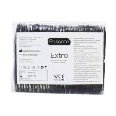 Prezerwatywy Pasante Extra 144 szt. - Grubsze, z dodatkowym nawilżeniem, 190 mm x 52 mm