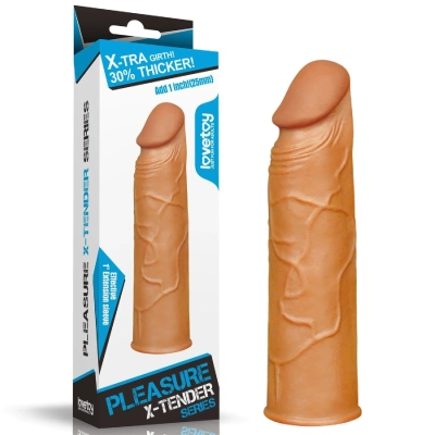 Rękaw przedłużający penis Pleasure X, 1 cal dłuższy, realistyczny, brązowy TPE