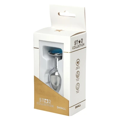 Korek analny S – metalowy srebrny z jasnoniebieskim kamieniem, Star Collection