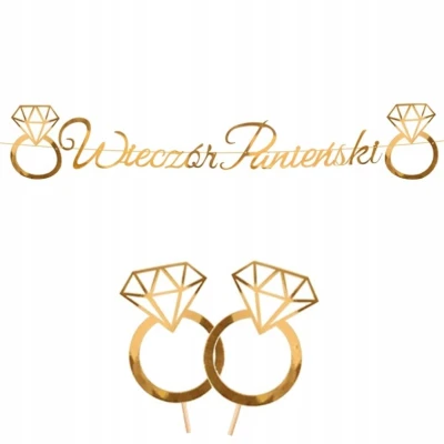 Zestaw dekoracji papierowych na Wieczór Panieński - złoty napis + 2 toppery do tortu