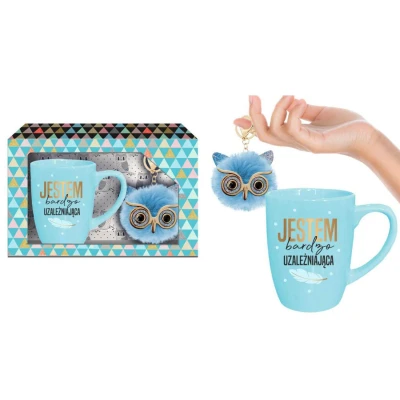 Kubek - Kubek Baryłka 300ml Niebieski + brelok sówka, prezent na Dzień Kobiet