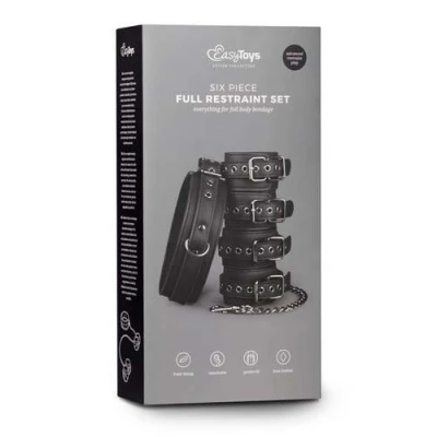 Kajdanki Fetish z obrożą, mankietami na kostki i nadgarstki, sztuczna skóra, metal, czarne