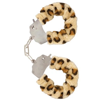 Kajdanki regulowane z piórkami Leopard - Metal/Faux fur, 6 cm