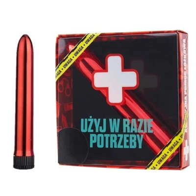 Wibrator awaryjny Czerwony - kompaktowy, elegancki, z pudełkiem stylizowanym na apteczkę.