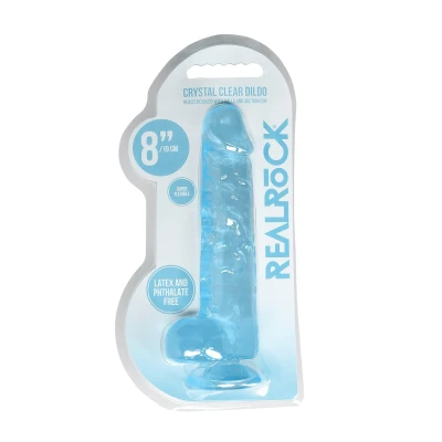 Dildo REALROCK CRYSTAL CLEAR 21 cm, realistyczne jądra, bez ftalanów, wodoodporne