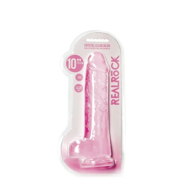 Dildo REALROCK CRYSTAL CLEAR 10"/25,4 cm, realistyczne jądra, wodoodporne, TPE