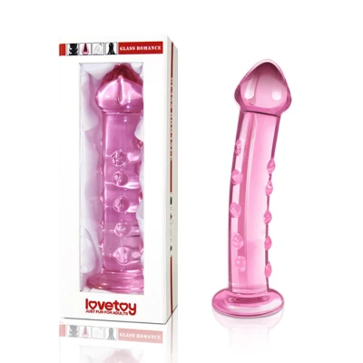 Dildo szklane Romance Pink 7.5" - wygięty trzon, szeroka podstawa, 290 g
