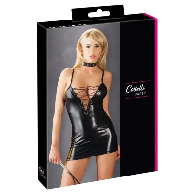 Sukienka mini COTTELLI LINGERIE, czarna, regulowane paski, dekolt sznurowany