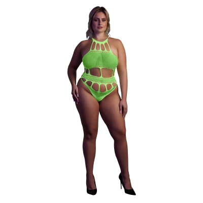 Body z Greckim Dekoltem OUCH! – Neonowa Zieleń, UV-reaktywna, XL/XXXXL, Elastyczny Nylon