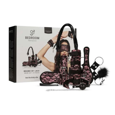 Zestaw do BDSM - Bound by Lace, 8 elementów, koronkowe kajdanki, czarny kolor