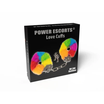 Kajdanki bondage – Power Escorts BR206 – tęczowe futerko, regulowany rozmiar, metalowa konstrukcja