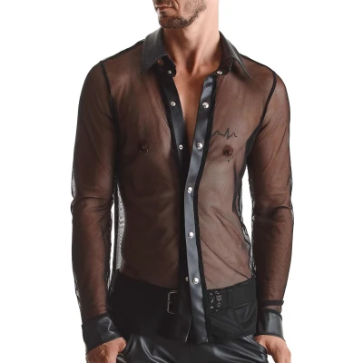 Koszula Slim-Fit REGNES FETISH PLANET - czarna, elastyczna, wetlook, metalowe napy, XXL