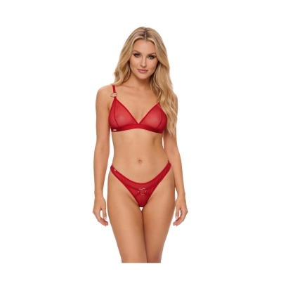 Bielizna DEMONIQ — czerwony komplet, siateczka transparentna, serduszka, regulowane ramiączka