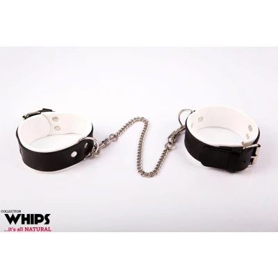 Kajdanki męskie skórzane | Białe, regulowane, 4cm szerokości, 40cm łańcuch