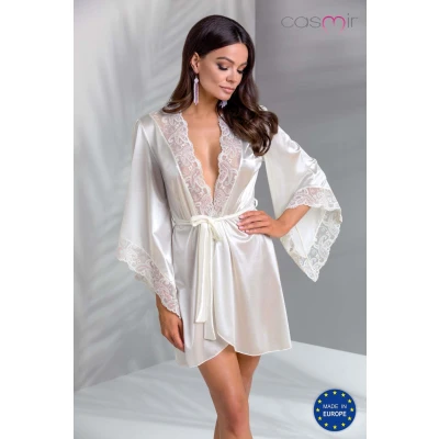 Peignoir satynowy CASMIR, ecru, koronkowe rękawy, rozmiar XXL/XXXL