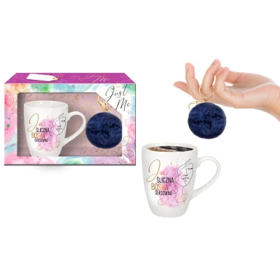 Kubek baryłka 300ml JUST ME z granatowym pomponem – Ja Śliczna, Boska, Seksowna