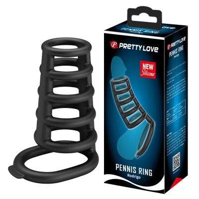 Pierścień erekcyjny PRETTY LOVE Rodrigo z 6 prążkowanymi nakładkami, silikonowy