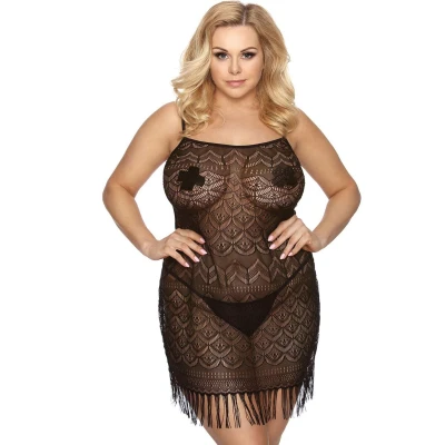 Koszulka ażurowa ANAIS PLUS SIZE, regulowane ramiączka, efektowne frędzle, XXL+