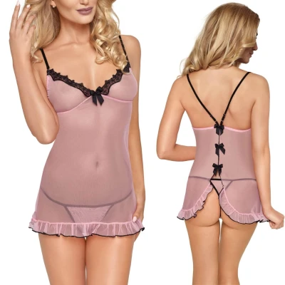 Koszulka nocna ROXANA, tiul różowy, czarna koronka, regulowane ramiączka