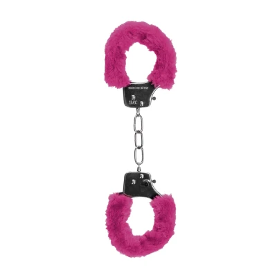 Kajdanki do przyjemności z futerkiem różowym - 29 cm, bezpieczny mechanizm, stal nierdzewna