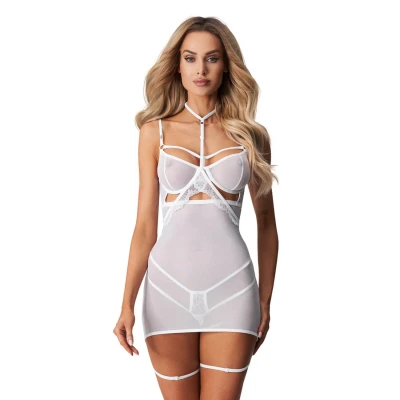 Bodysuit Arrowel White OBSESSIVE, fiszbiny, regulowane ramiączka, dekoracyjna koronka