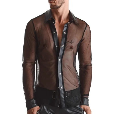 Koszula męska RMCesare Slim-Fit - czarna wetlook, eleganckie napy, komfortowy materiał