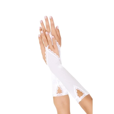 Rękawiczki długie SOFTLINE COLLECTION - elegancka satyna, koronkowe wykończenie, cyrkonie