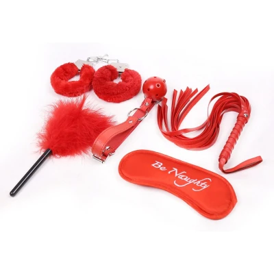 Zestaw do bondage Fetish Fever - 5 elementów, czerwony, w tym mankiety i maska