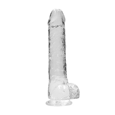 Dildo REALROCK Crystal Clear 23 cm, realistyczne jądra, mocna przyssawka, wodoodporne