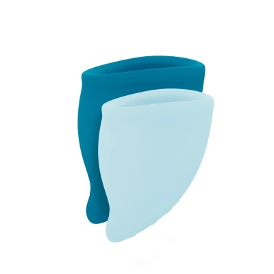 Kubeczek menstruacyjny Fun Cup – zestaw 2 rozmiarów, silikon medyczny, turkusowy
