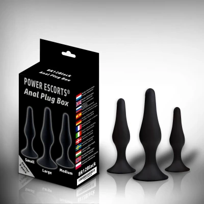 Wtyczka analna BLACK 3-pack POWER ESCORTS BR12 - trójrozmiarowa, elastyczna, z przyssawką