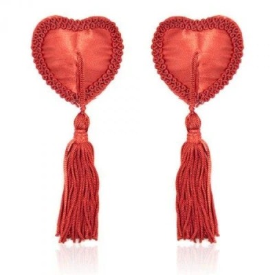 Nakładki na biust samoprzylepne sercowe z frędzelkami, wielokrotnego użytku, kolor czerwony