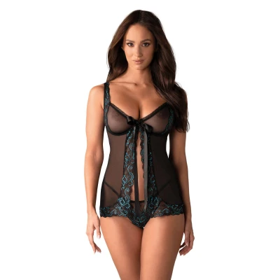 Koszulka erotyczna OBSESSIVE babydoll L/XL, turkusowa, koronkowe detale, ramiączka regulowane